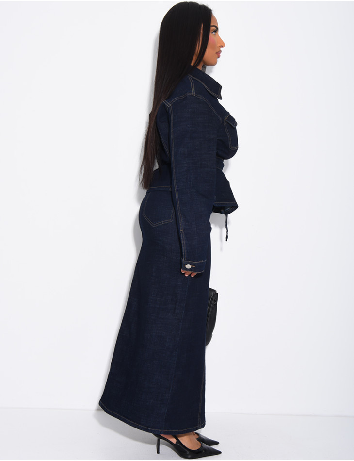 Denim set featuring a long skirt and a belted jacket