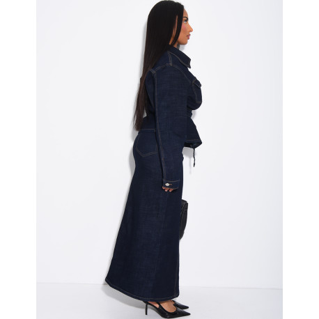 Denim set featuring a long skirt and a belted jacket