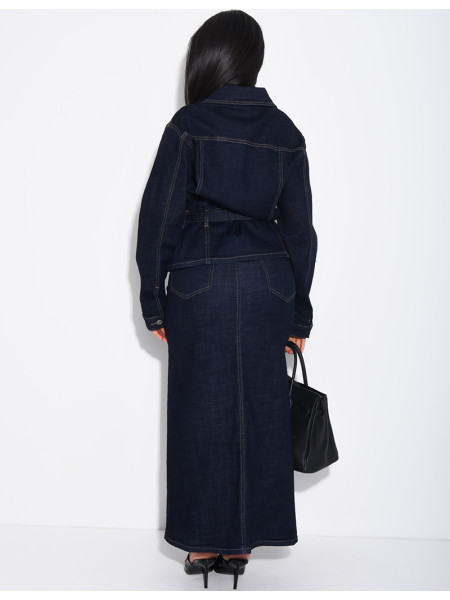 Denim set featuring a long skirt and a belted jacket