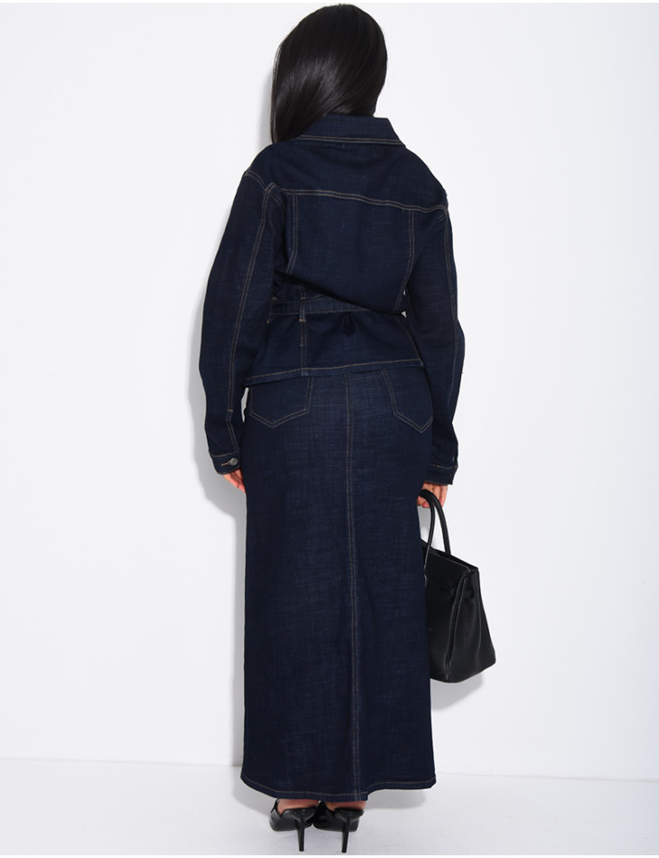Denim set featuring a long skirt and a belted jacket
