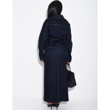Denim set featuring a long skirt and a belted jacket