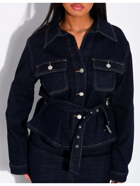 Denim set featuring a long skirt and a belted jacket