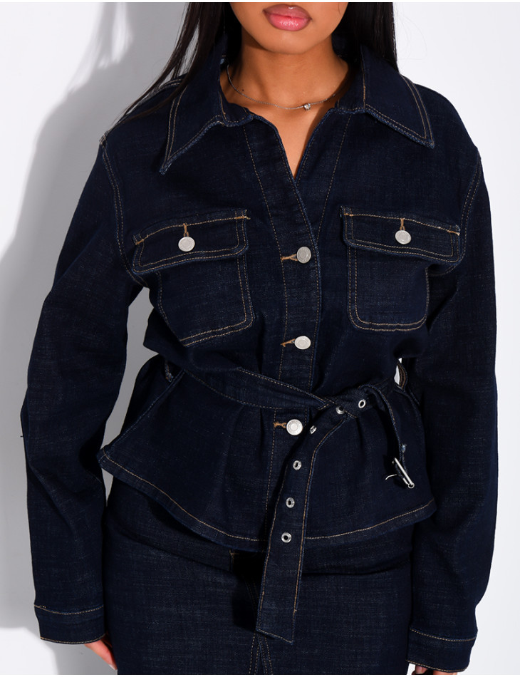 Denim set featuring a long skirt and a belted jacket