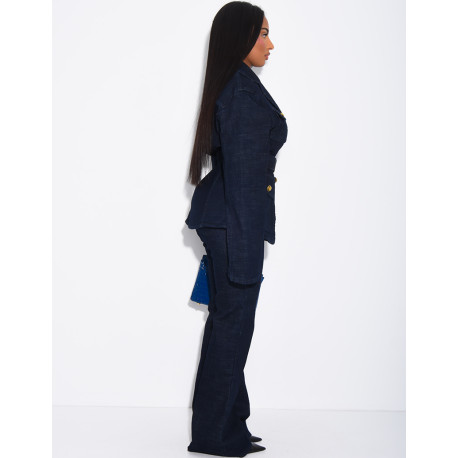 Jeans-Set mit Schlaghose und Blazer mit Offiziersknöpfen