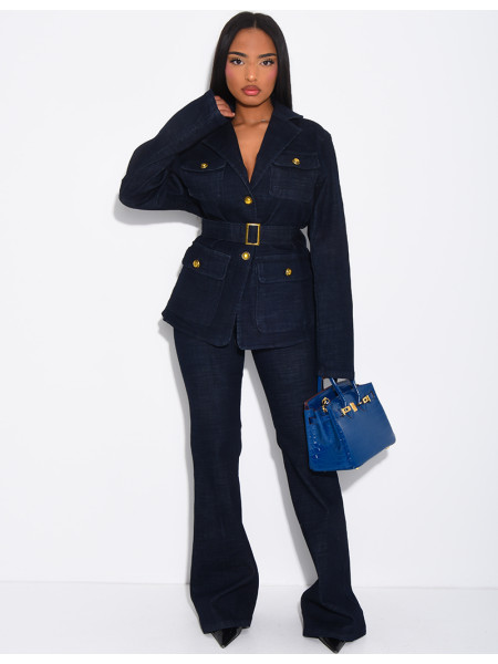 Jeans-Set mit Schlaghose und Blazer mit Offiziersknöpfen