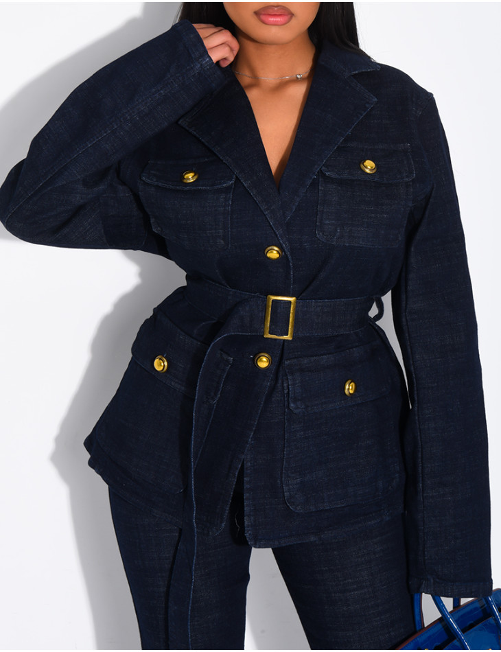 Jeans-Set mit Schlaghose und Blazer mit Offiziersknöpfen