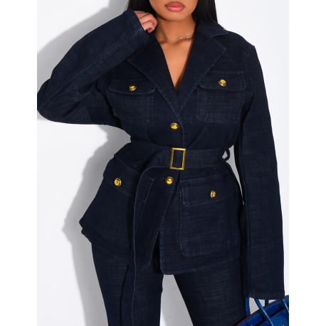 Jeans-Set mit Schlaghose und Blazer mit Offiziersknöpfen