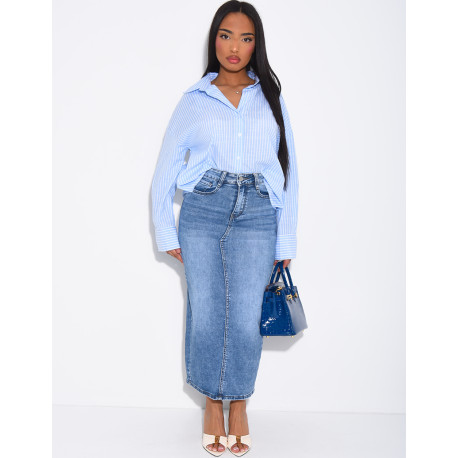 Jupe très longue en jeans délavé