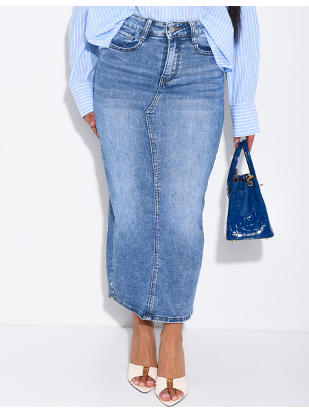 Jupe très longue en jeans délavé