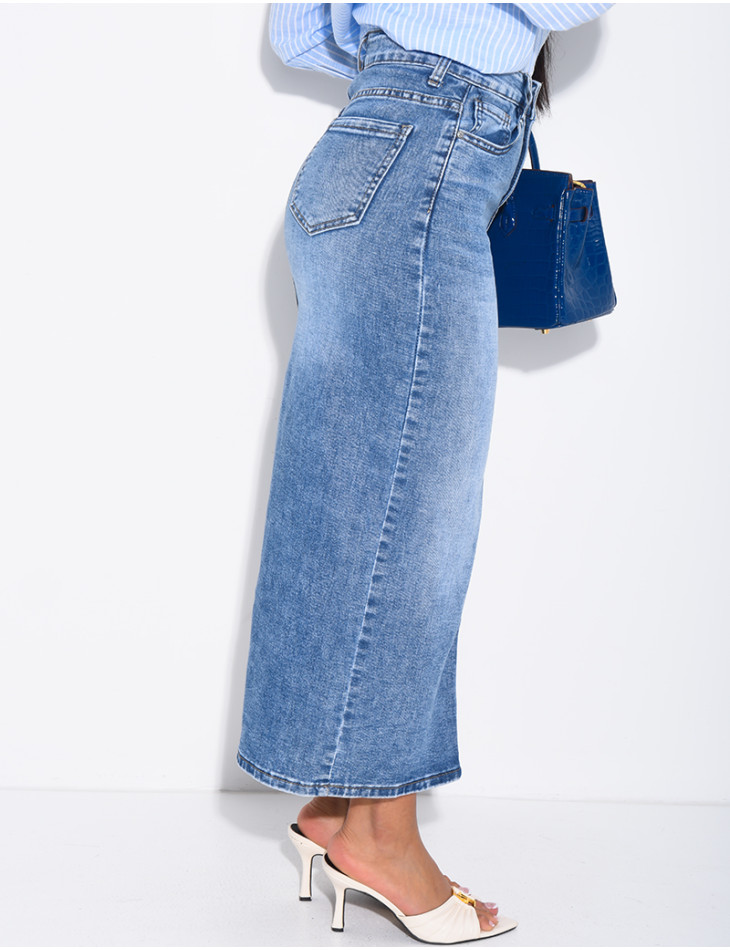 Jupe très longue en jeans délavé