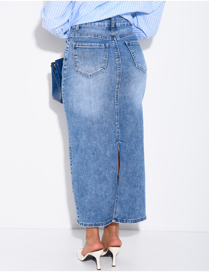 Jupe très longue en jeans délavé