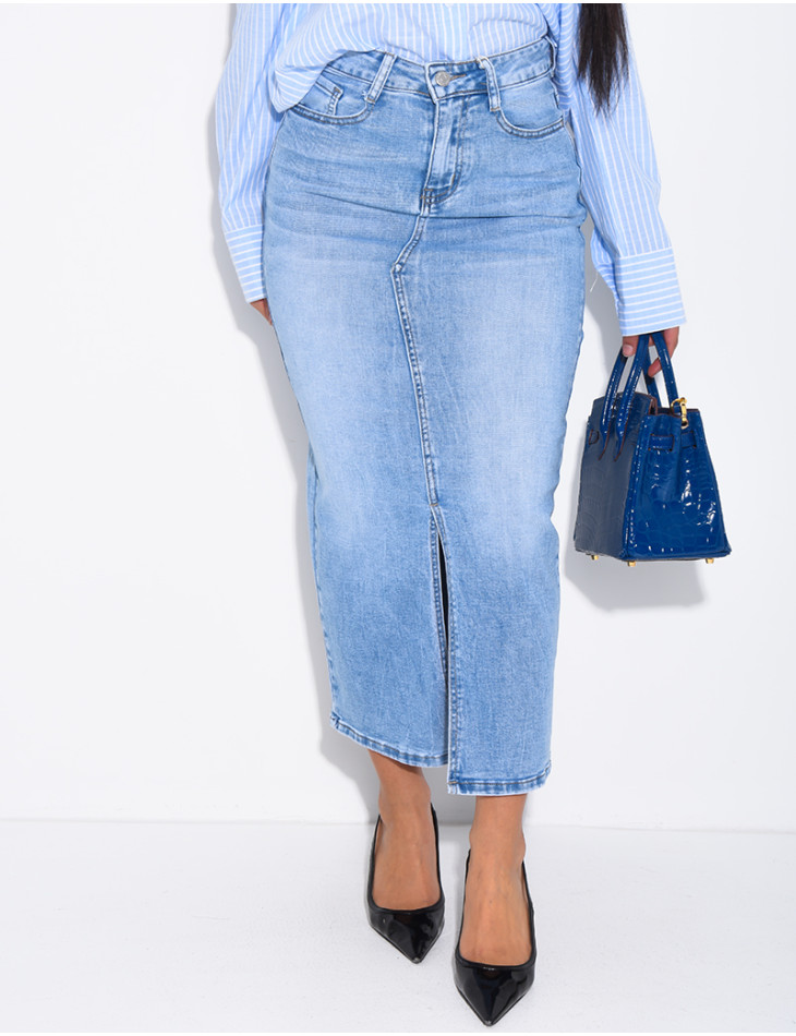 Jupe très longue en jeans délavé