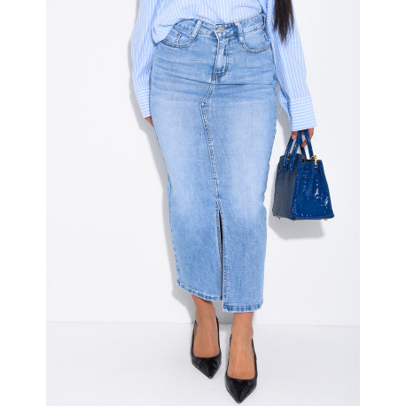 Jupe très longue en jeans délavé