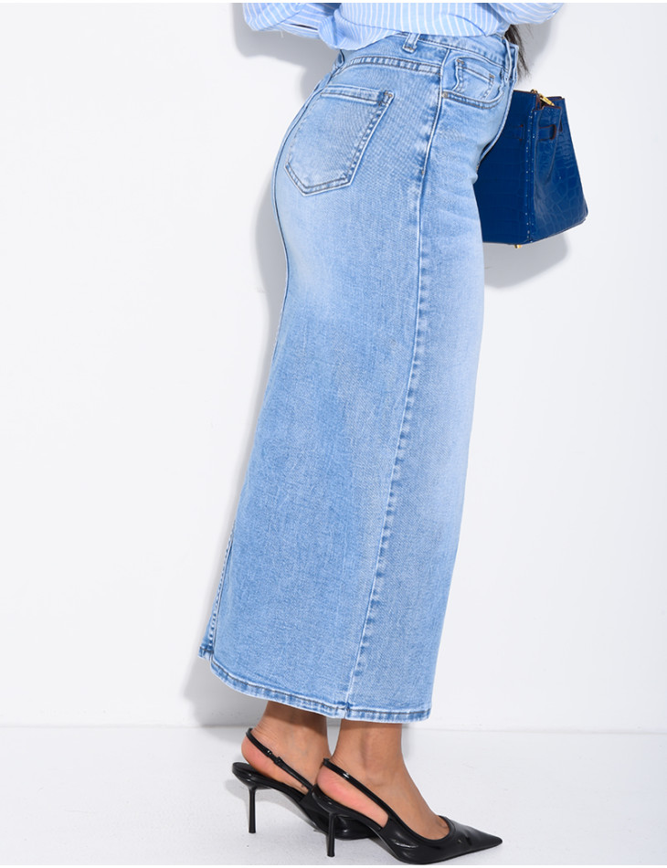 Jupe très longue en jeans délavé