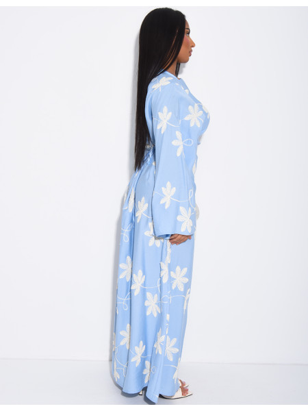 Robe longue effet lin à motifs brodés