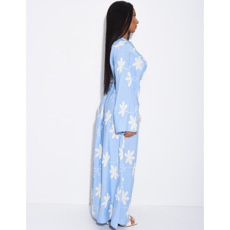 Robe longue effet lin à motifs brodés