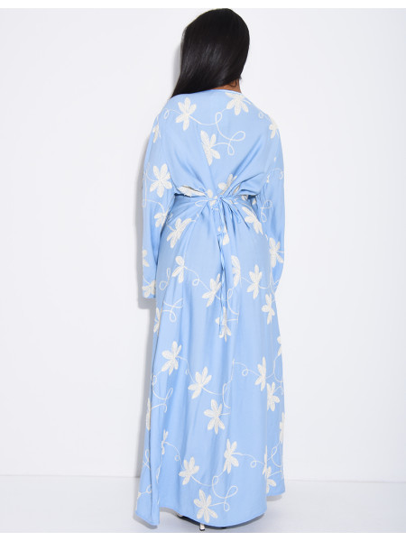 Robe longue effet lin à motifs brodés