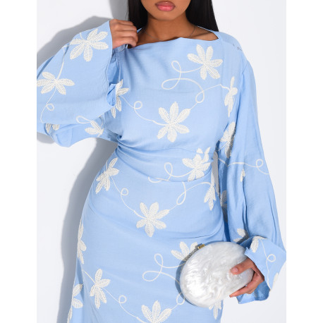 Robe longue effet lin à motifs brodés