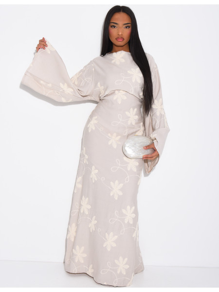 Robe longue effet lin à motifs brodés