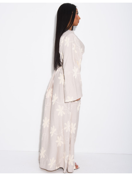 Robe longue effet lin à motifs brodés