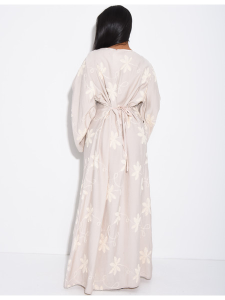 Robe longue effet lin à motifs brodés