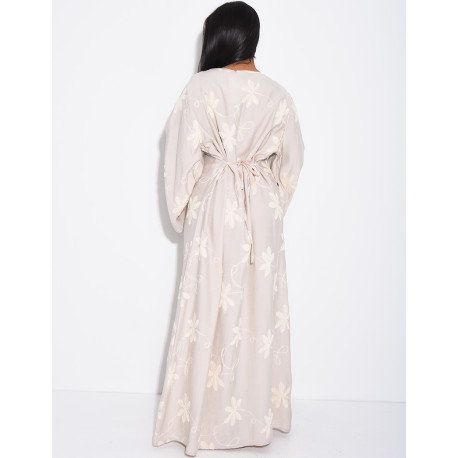 Robe longue effet lin à motifs brodés