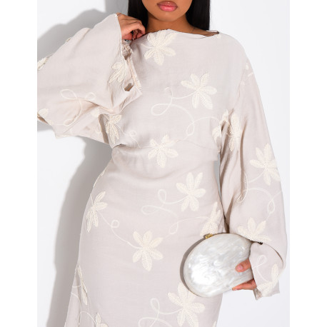 Robe longue effet lin à motifs brodés