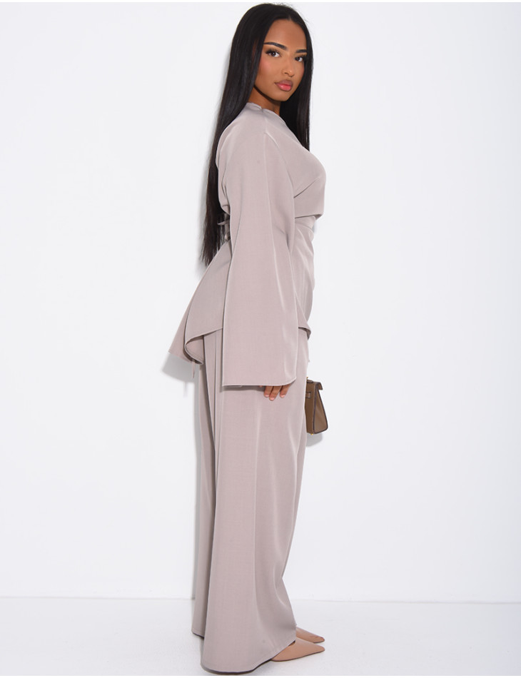 Ensemble pantalon large et blouse effet froncé à nouer