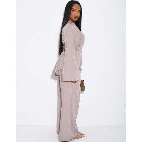 Ensemble pantalon large et blouse effet froncé à nouer