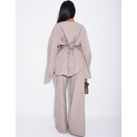 Ensemble pantalon large et blouse effet froncé à nouer