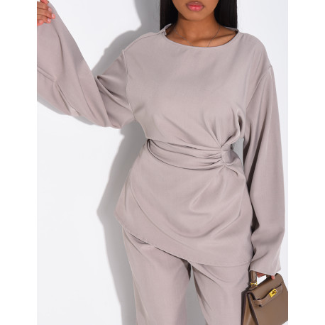 Ensemble pantalon large et blouse effet froncé à nouer