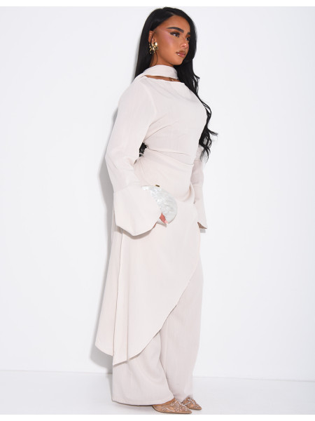 Ensemble effet lin à tunique asymétrique cintré, pantalon droit et châle