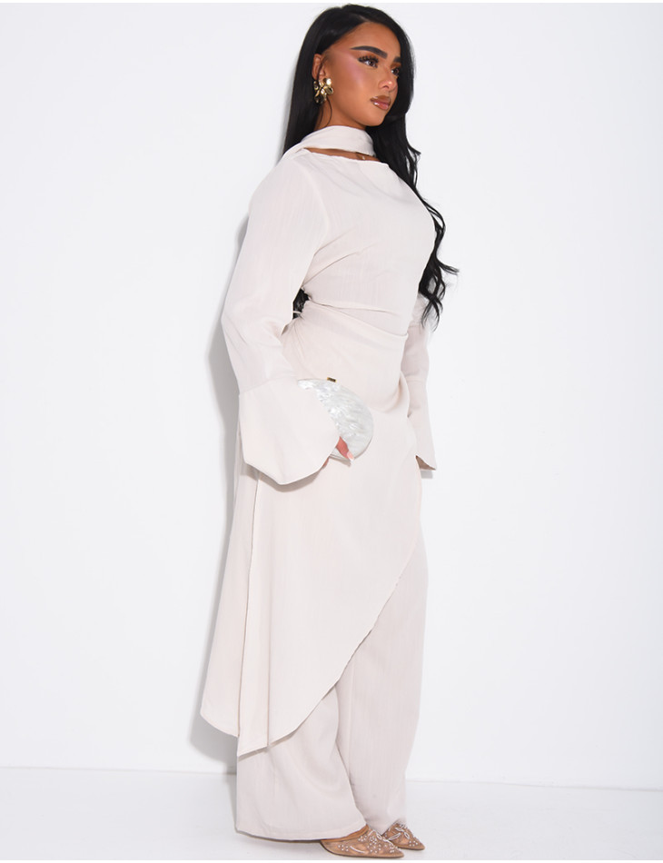 Ensemble effet lin à tunique asymétrique cintré, pantalon droit et châle