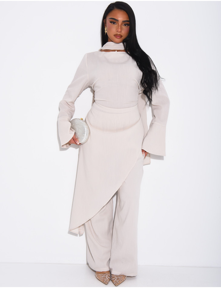 Ensemble effet lin à tunique asymétrique cintré, pantalon droit et châle