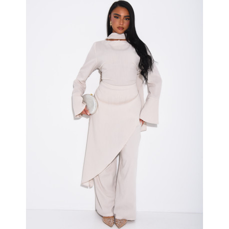 Ensemble effet lin à tunique asymétrique cintré, pantalon droit et châle