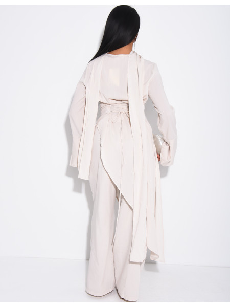 Ensemble effet lin à tunique asymétrique cintré, pantalon droit et châle