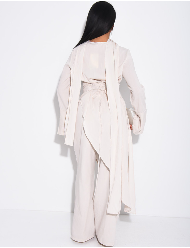 Ensemble effet lin à tunique asymétrique cintré, pantalon droit et châle