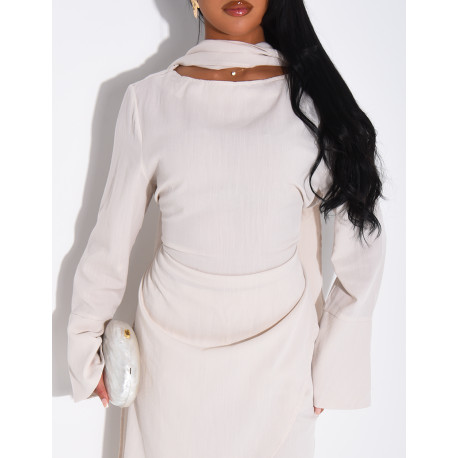 Ensemble effet lin à tunique asymétrique cintré, pantalon droit et châle