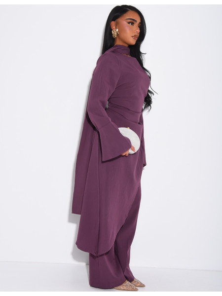 Ensemble effet lin à tunique asymétrique cintré, pantalon droit et châle