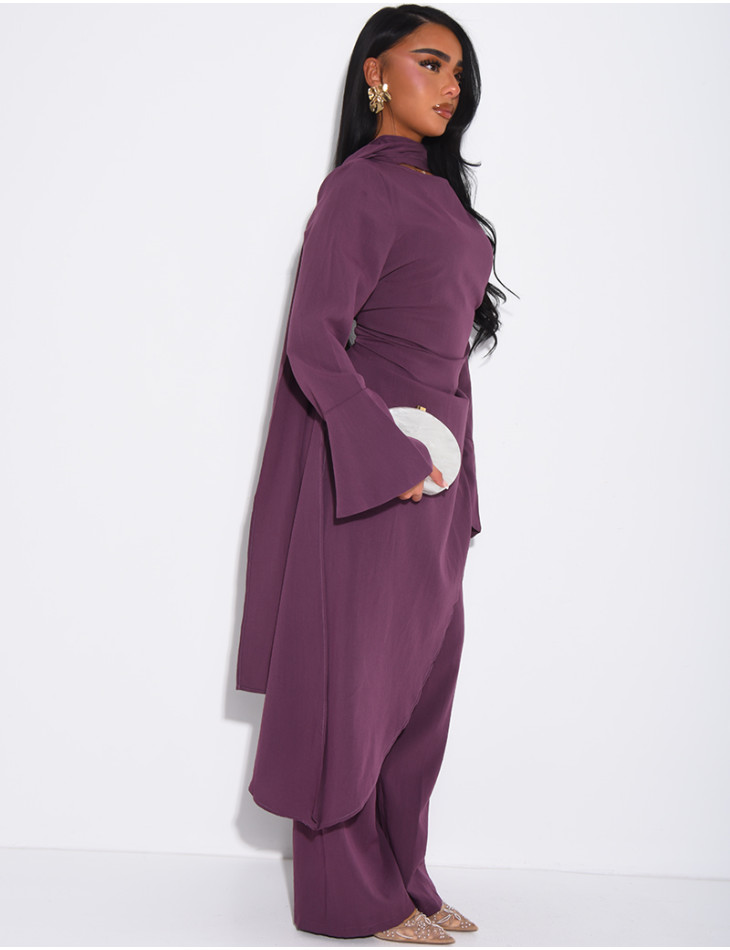 Ensemble effet lin à tunique asymétrique cintré, pantalon droit et châle
