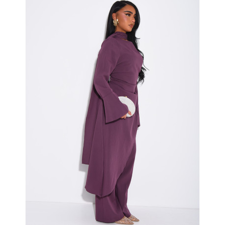 Ensemble effet lin à tunique asymétrique cintré, pantalon droit et châle