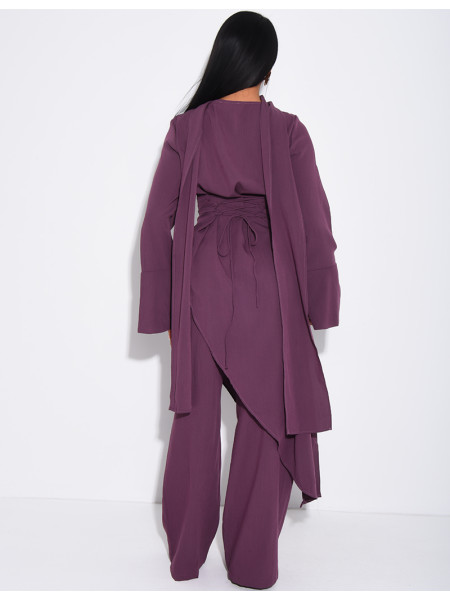 Ensemble effet lin à tunique asymétrique cintré, pantalon droit et châle