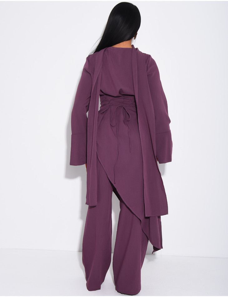 Ensemble effet lin à tunique asymétrique cintré, pantalon droit et châle