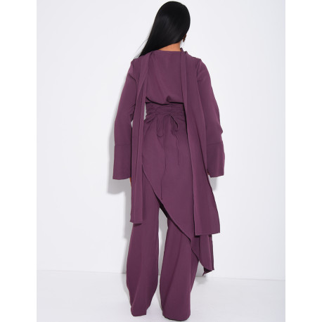 Ensemble effet lin à tunique asymétrique cintré, pantalon droit et châle