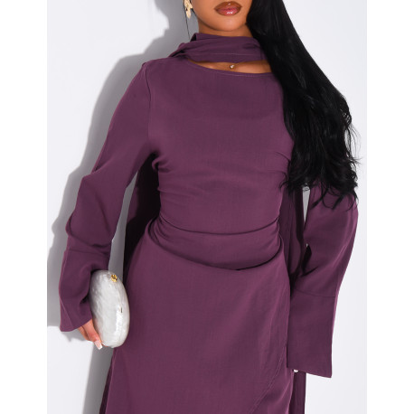 Ensemble effet lin à tunique asymétrique cintré, pantalon droit et châle