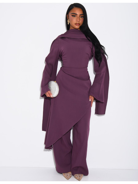 Ensemble effet lin à tunique asymétrique cintré, pantalon droit et châle