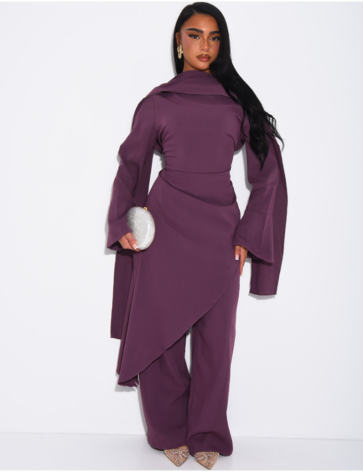 Ensemble effet lin à tunique asymétrique cintré, pantalon droit et châle