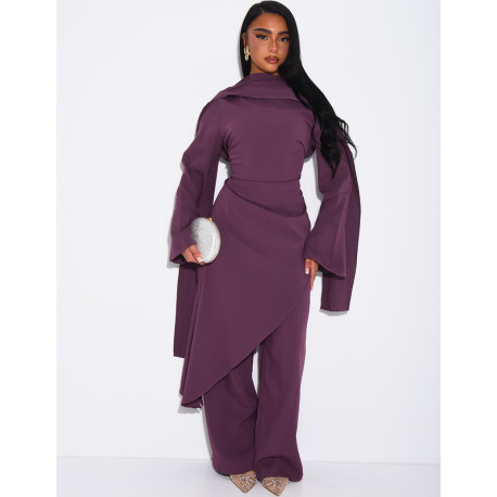 Ensemble effet lin à tunique asymétrique cintré, pantalon droit et châle
