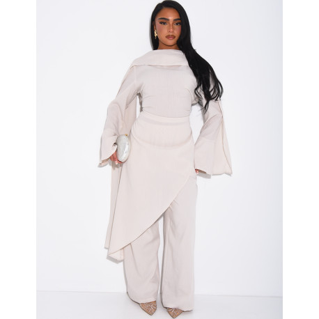 Ensemble effet lin à tunique asymétrique cintré, pantalon droit et châle