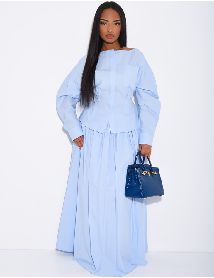 Ensemble jupe longue bouffante en coton et chemise cintrée